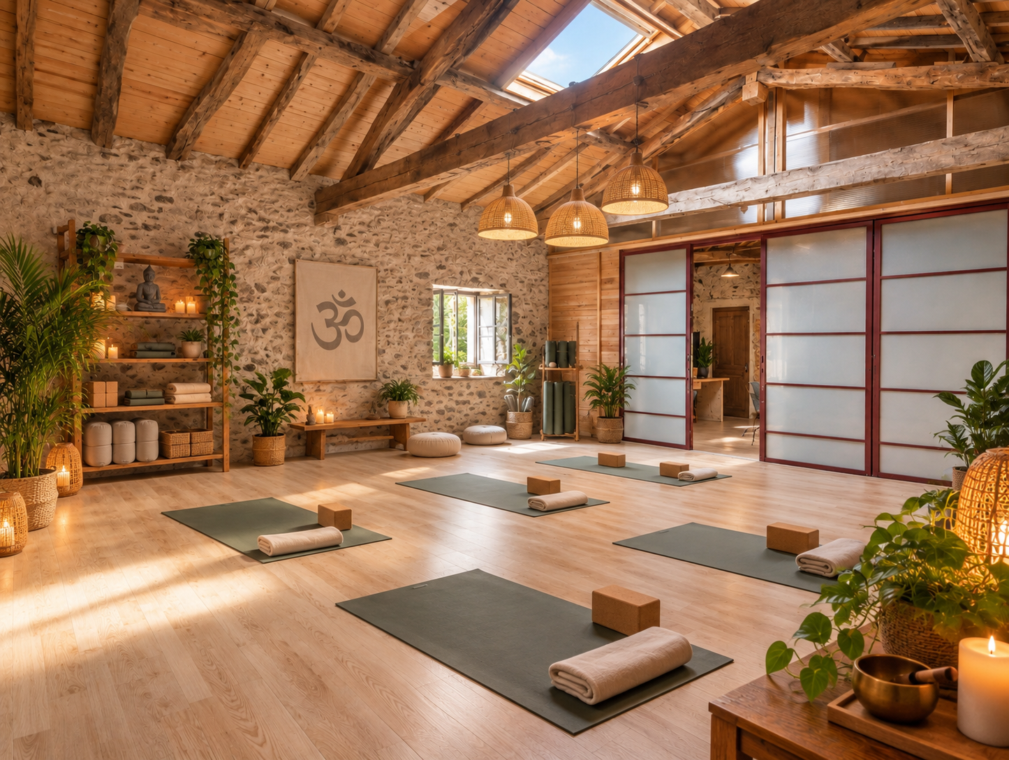 Salle de pratique de 60 m² du Domaine de La Planésié, jusqu'à 24 tapis, pour une formation de professeurs de yoga dans le Tarn
